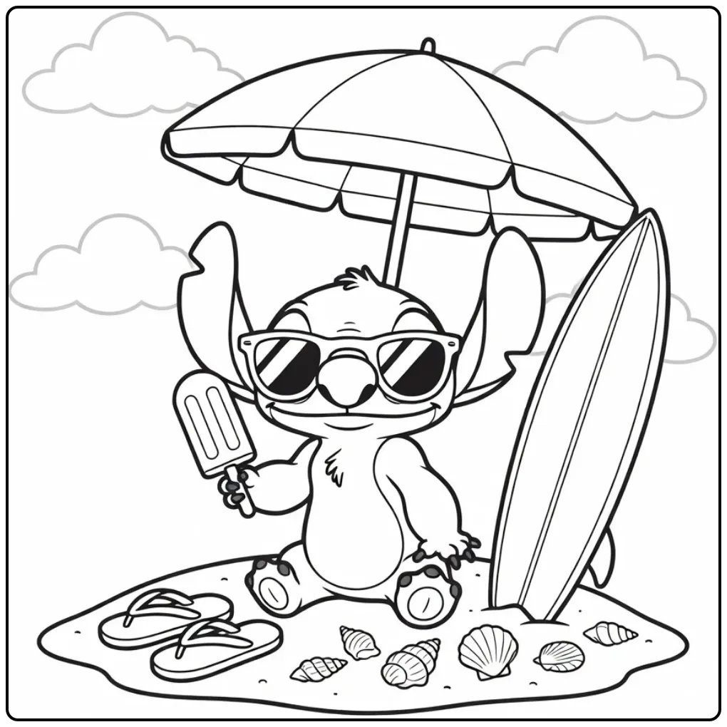 Leuke kleurplaat stitch zomer met ijsje en zonnebril.