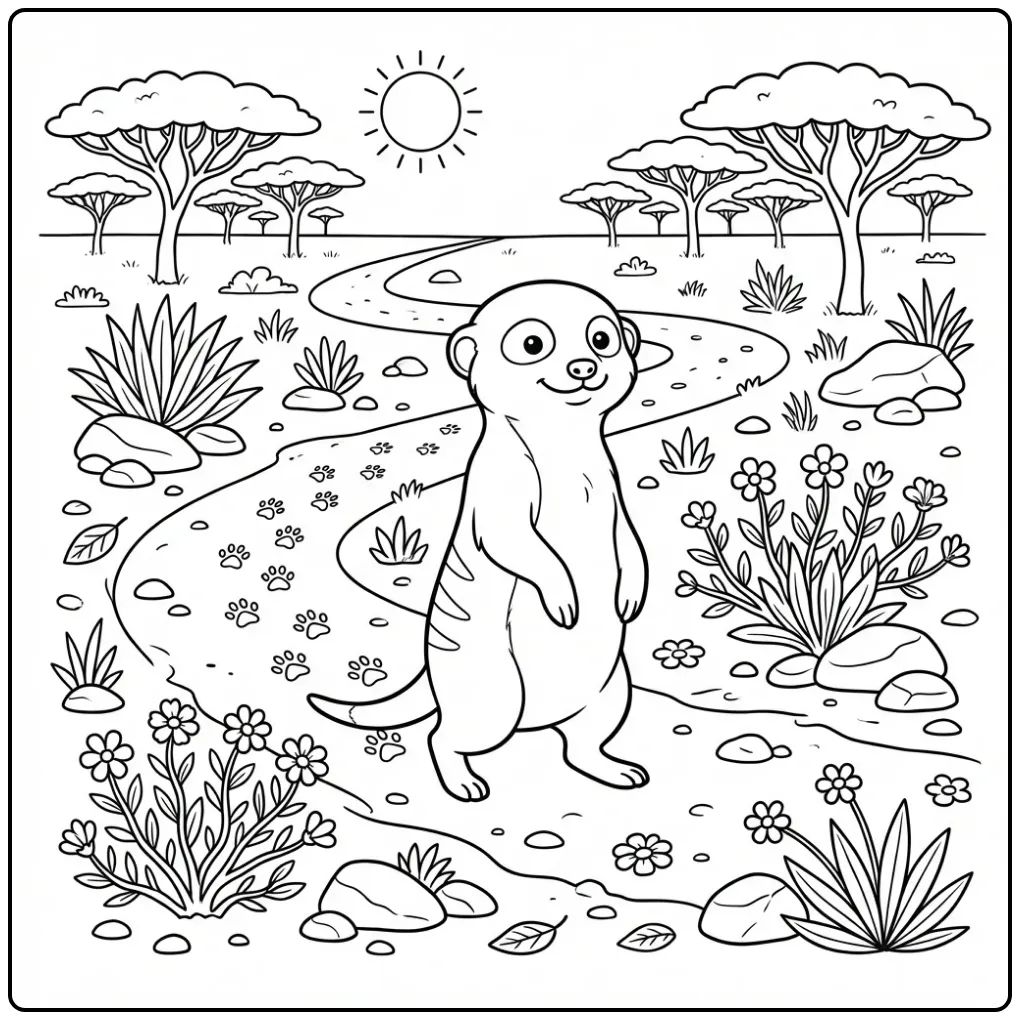 Leuke kleurplaat stokstaartje wandelend op een zandpad.