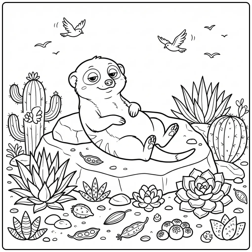 Leuke kleurplaat stokstaartje zonnend op een steen.