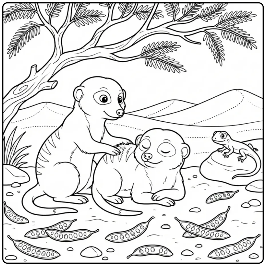 Schattige kleurplaat stokstaartje die elkaar verzorgen.