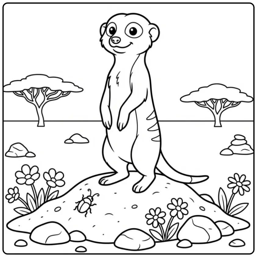 Schattige kleurplaat stokstaartje op een termietenheuvel.