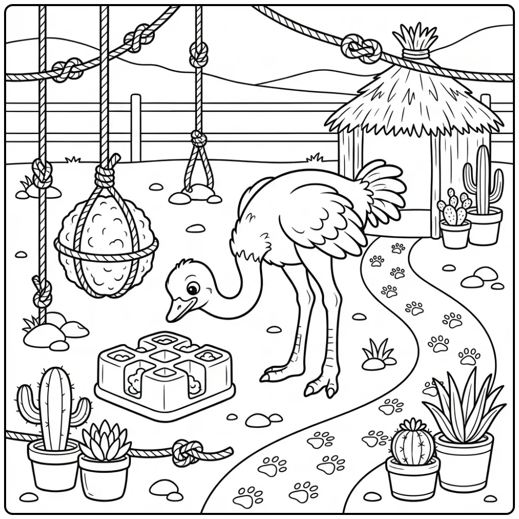 Speelse kleurplaat struisvogel met voederpuzzel en bal