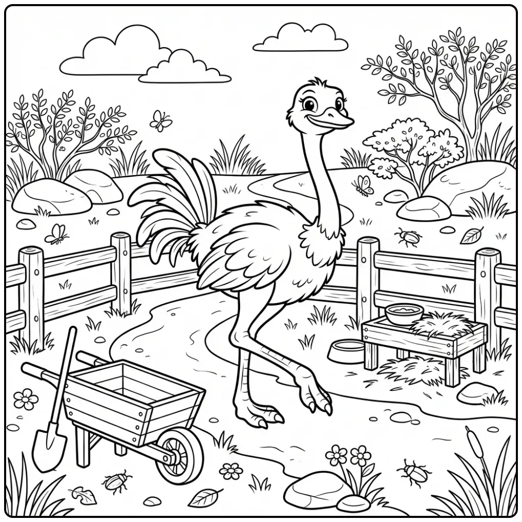 Leuke kleurplaat struisvogel wandelend langs een houten hek.