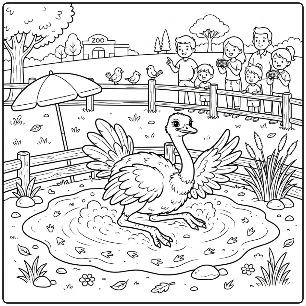 Een schattige kleurplaat struisvogel die een zandbad neemt.