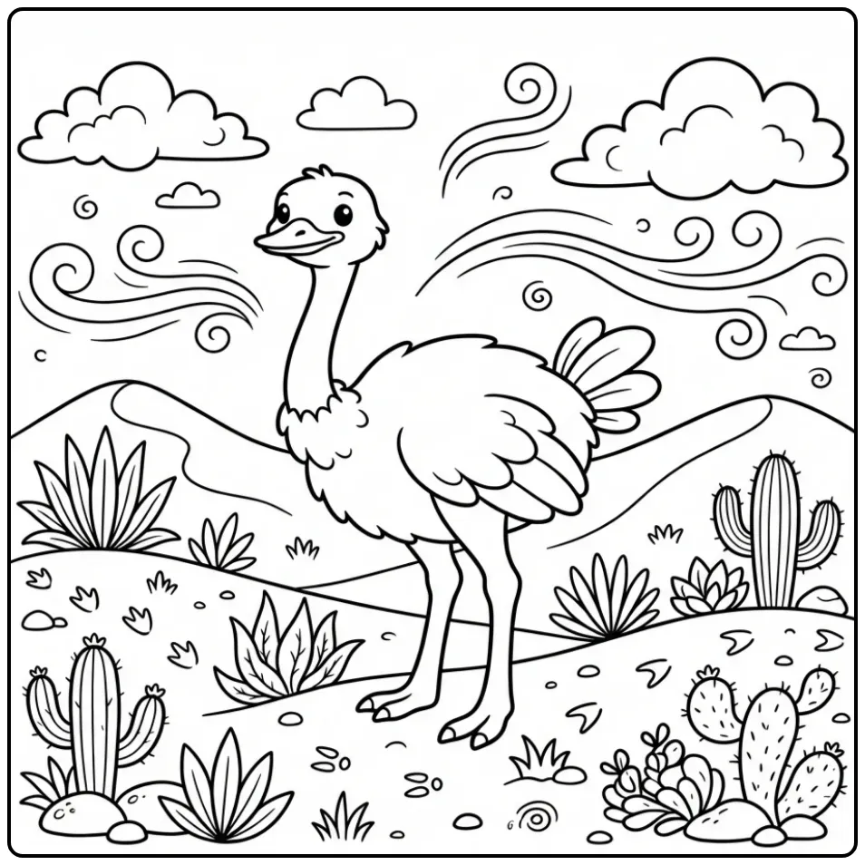 Een leuke kleurplaat struisvogel in de zandduinen.