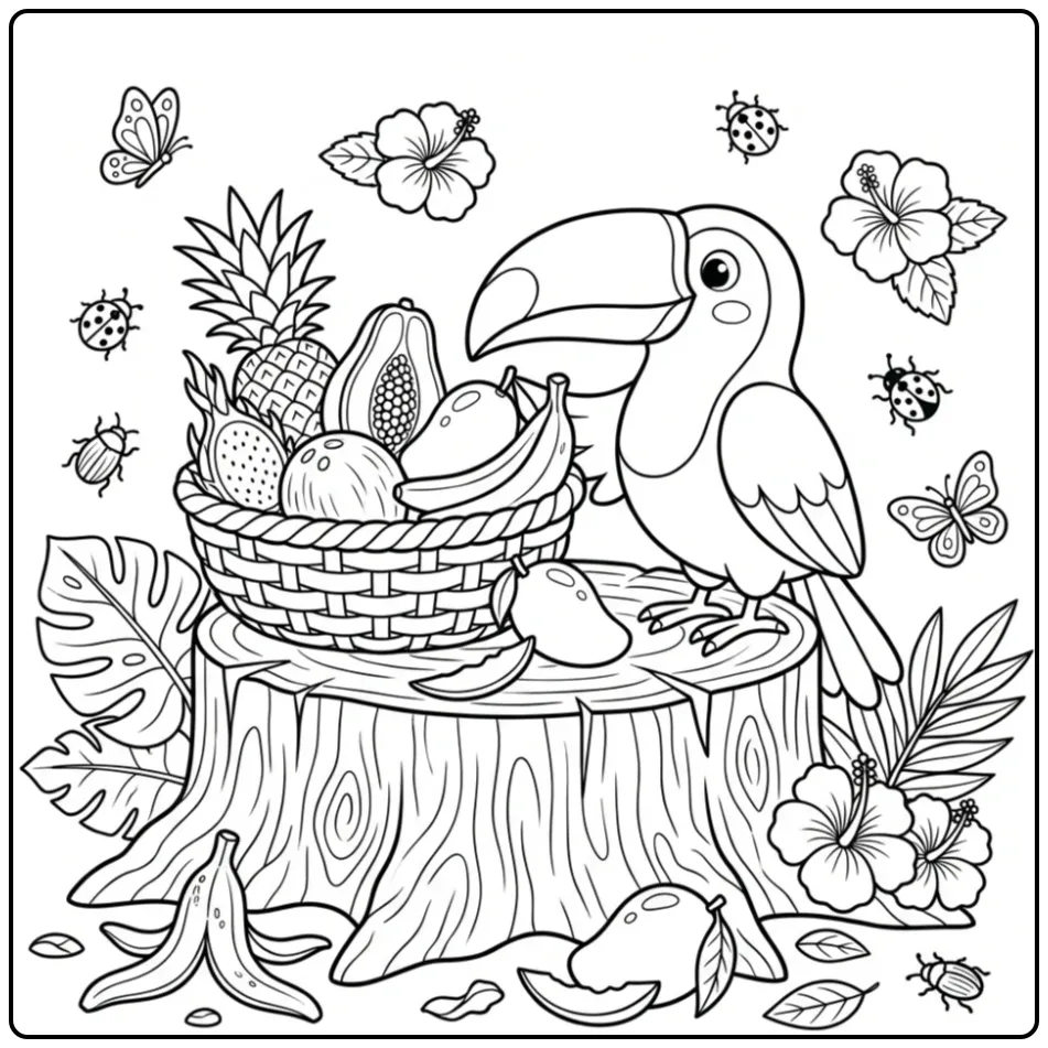 Schattige kleurplaat toekan met een mand tropisch fruit.