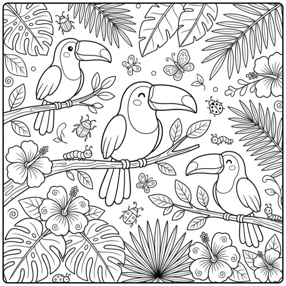 Tropische kleurplaat toekan met drie vogels en bladeren