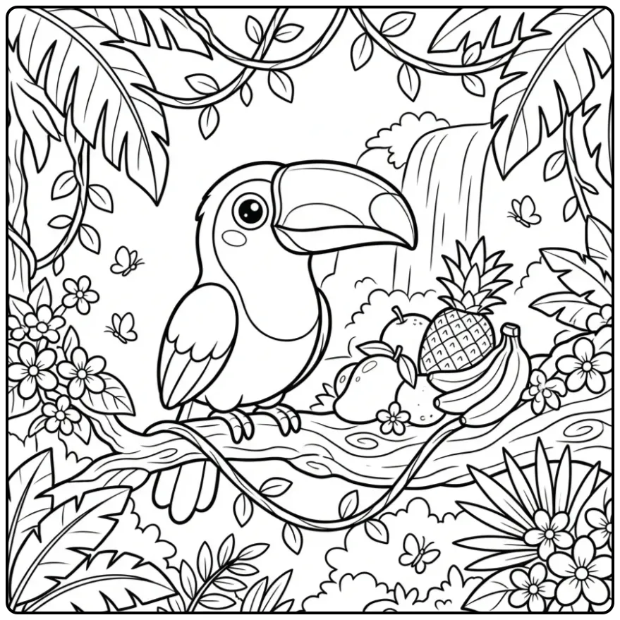 Schattige kleurplaat toekan op een tak met tropisch fruit.