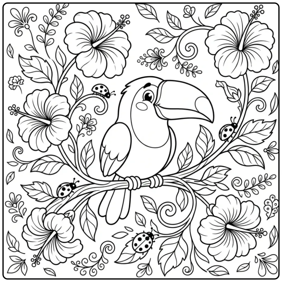 Een schattige kleurplaat toekan op een tak met hibiscus.