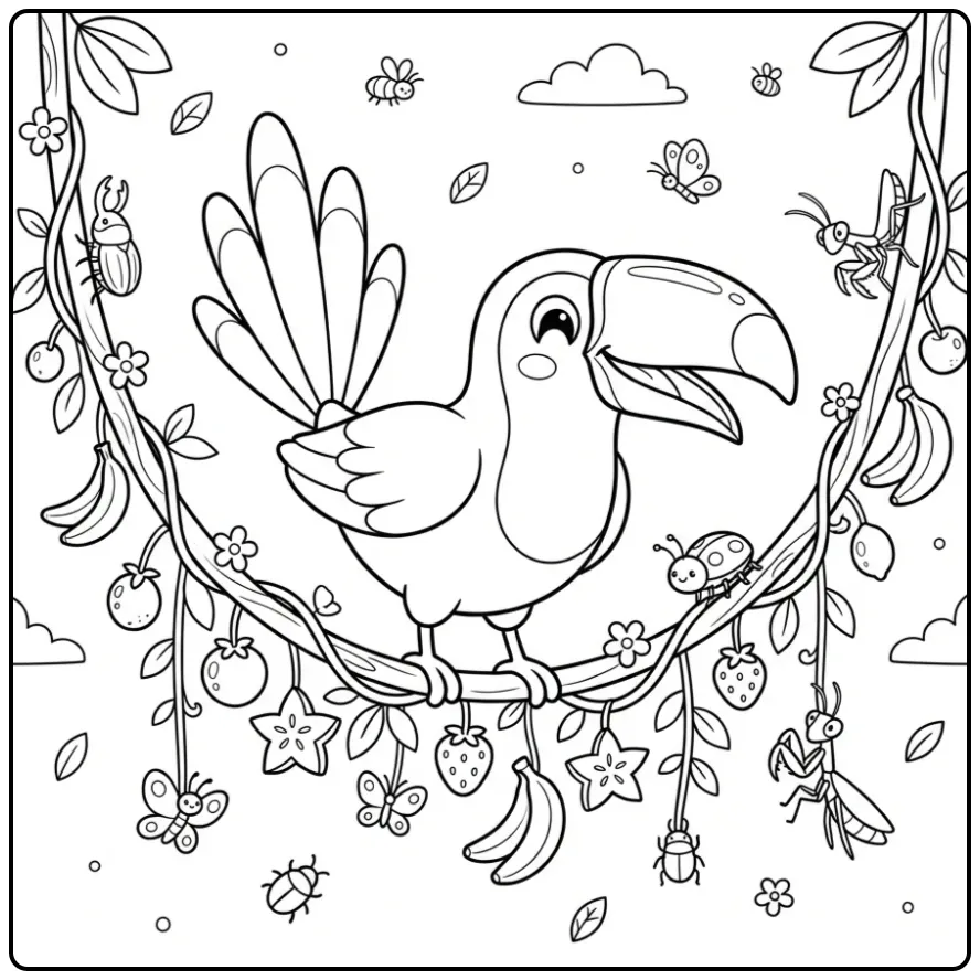 Schattige kleurplaat toekan op een schommelende liaan.