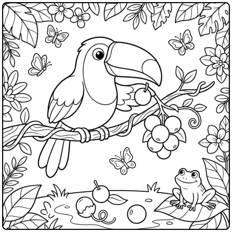 Schattige kleurplaat toekan die fruit plukt in de jungle.