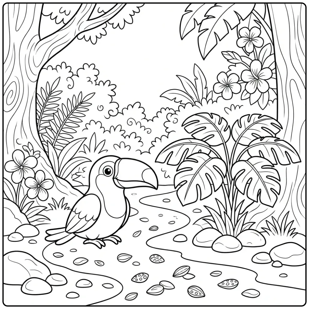 Schattige kleurplaat toekan op een regenwoudpad met bladeren.