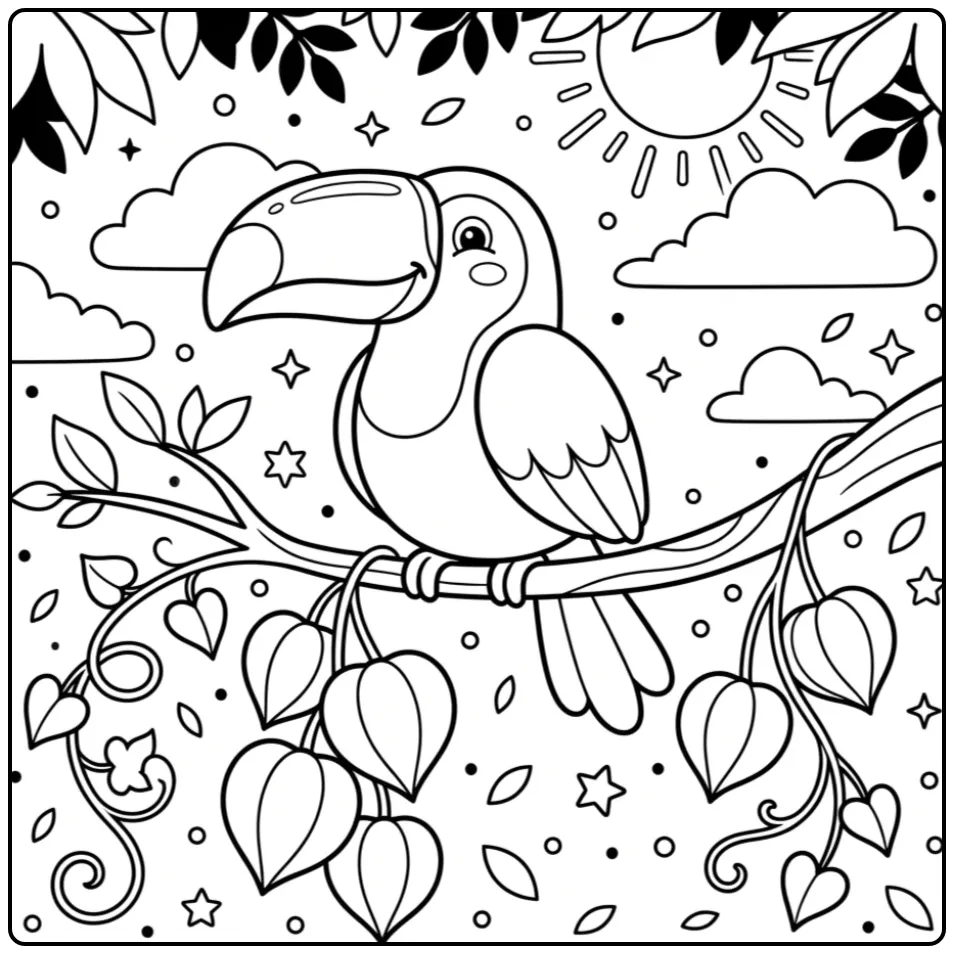 Schattige kleurplaat toekan op een tak met lampionnen.