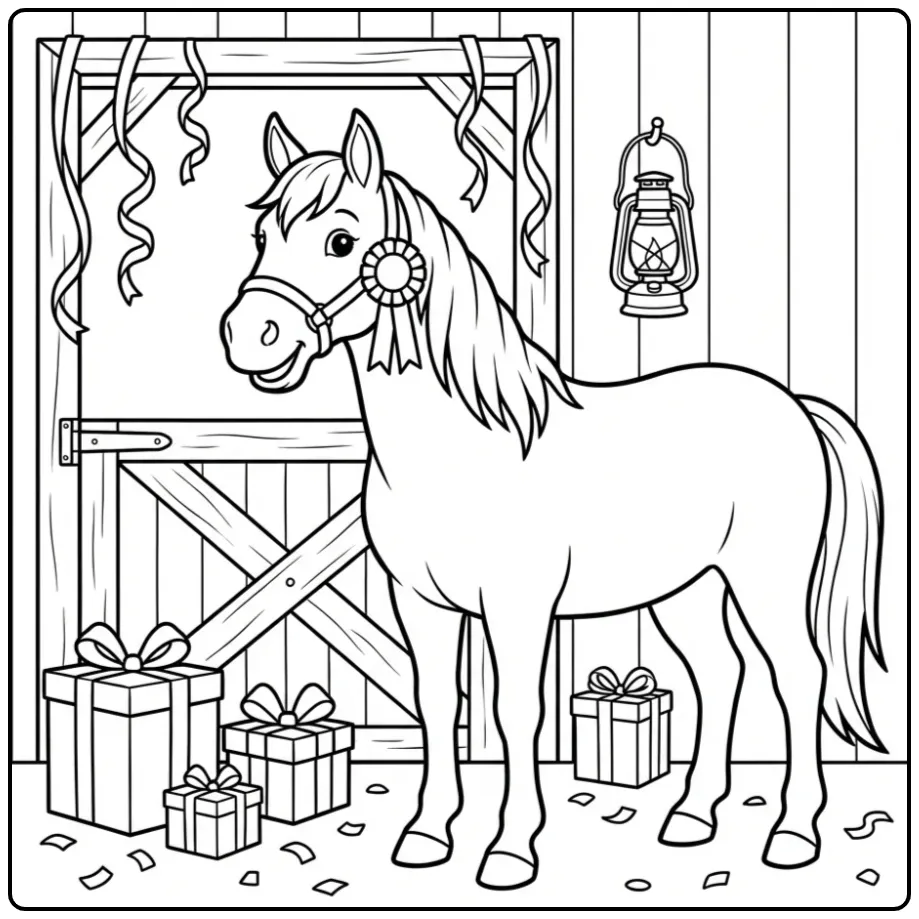 Leuke kleurplaat verjaardag paard met slingers en cadeaus.