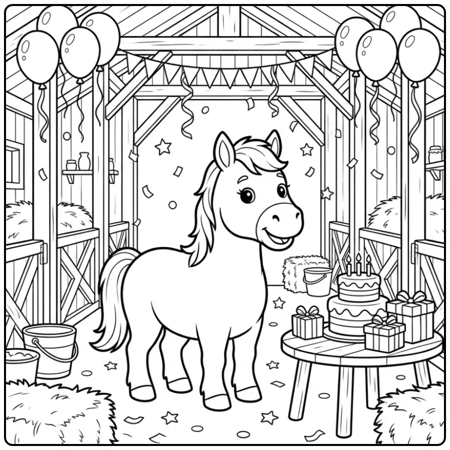 Feestelijke kleurplaat verjaardag paard in een versierde stal