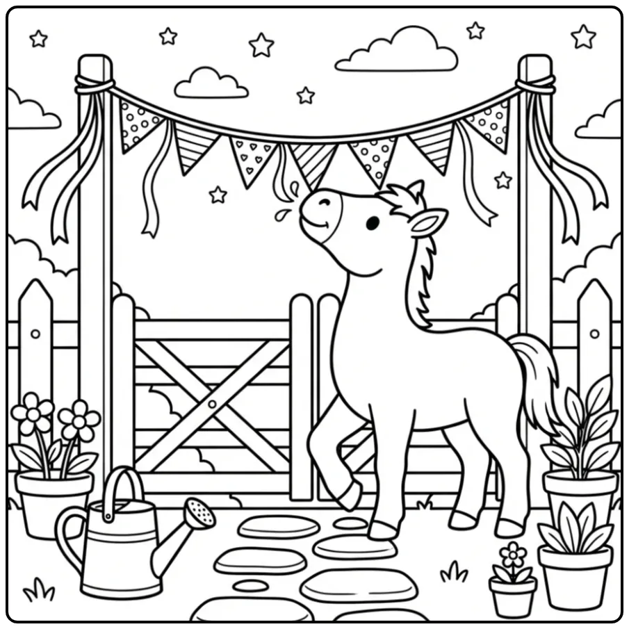 Een schattige kleurplaat veulen ruikt aan vlaggetjes bij het hek.