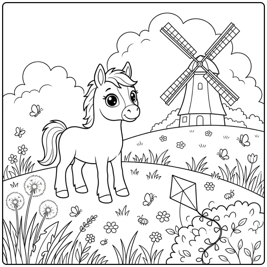 Schattige kleurplaat veulen op een heuvel met windmolen.