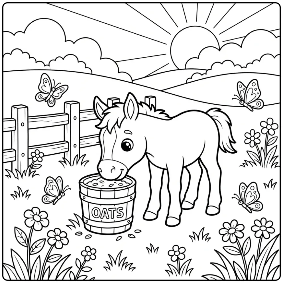 Schattige kleurplaat veulen die aan haver ruikt bij een hek.