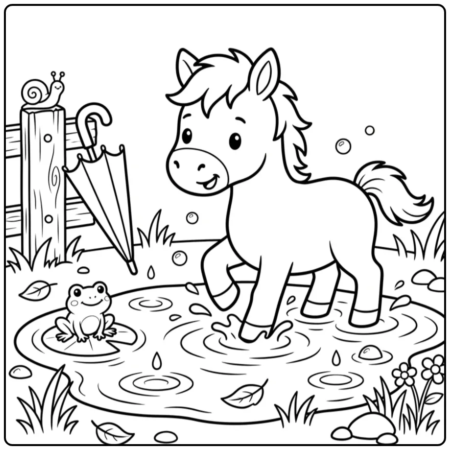 Schattige kleurplaat veulen stampt in de modder.