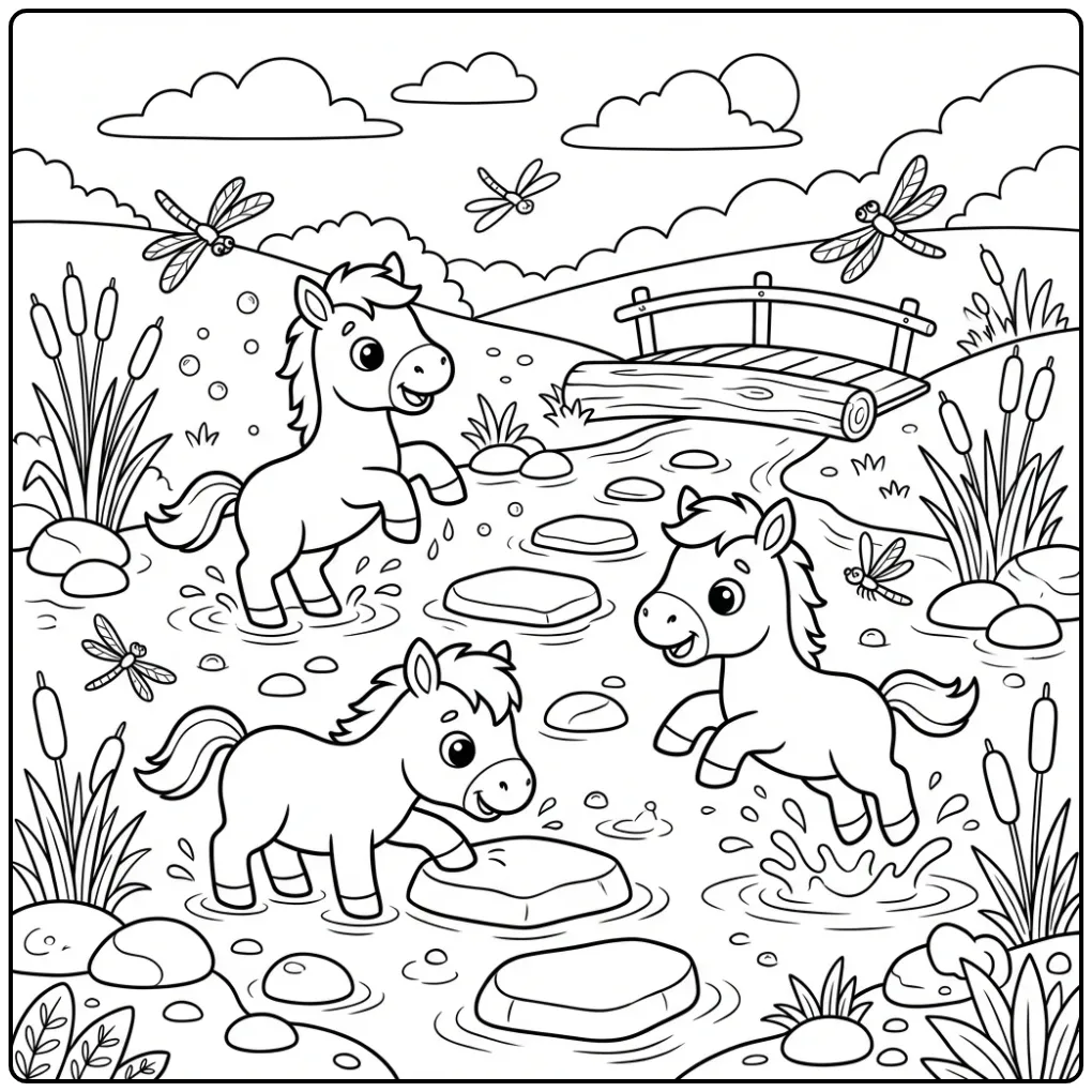 Een leuke kleurplaat veulentjes spelend in het water.