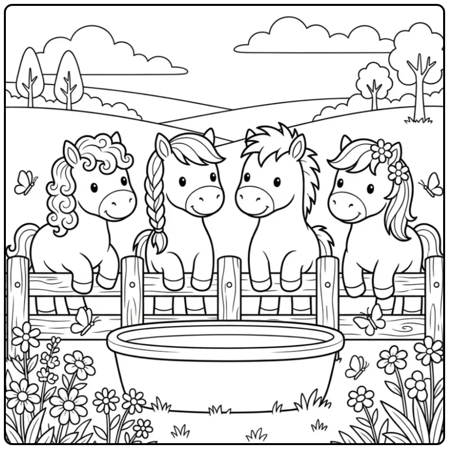 Schattige kleurplaat veulentjes bij een houten hek.