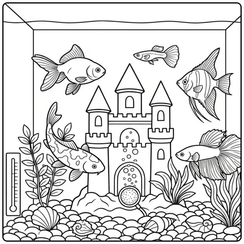 Gedetailleerde kleurplaat vis in een aquarium met kasteel.