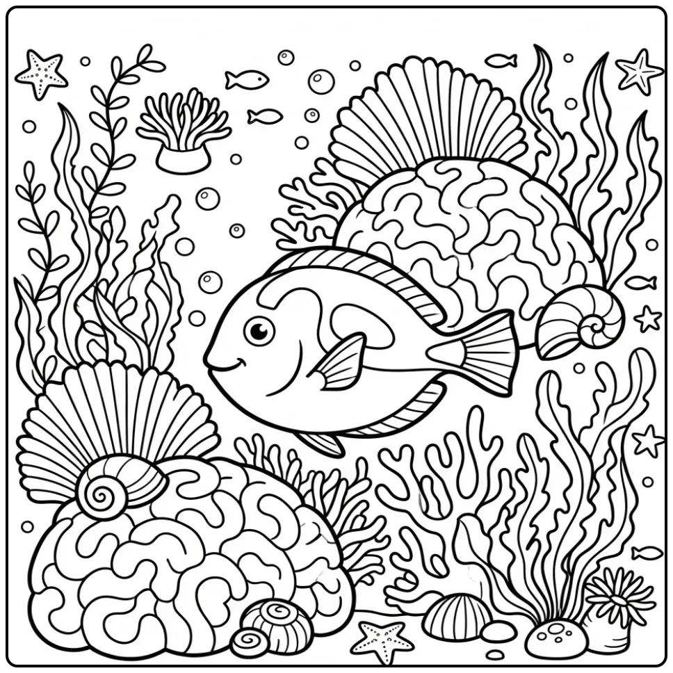 Schattige kleurplaat vis zwemmend tussen rond koraal en schelpen.
