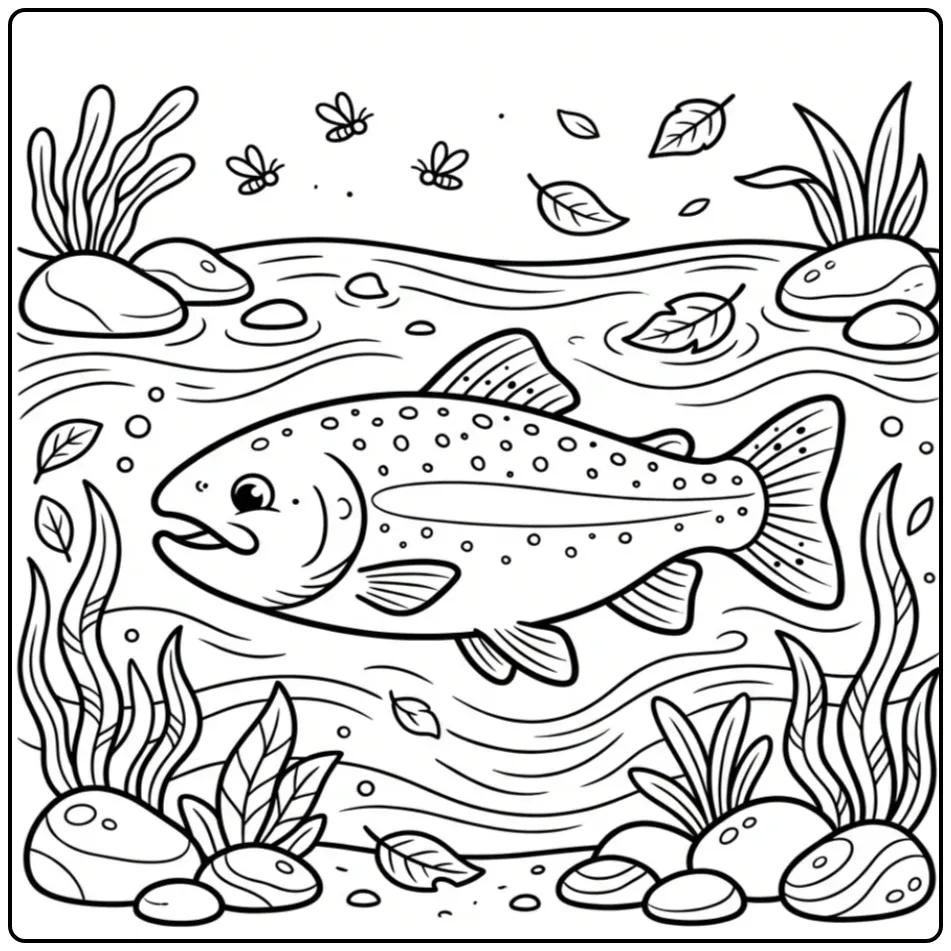 Schattige kleurplaat vis zwemmend tussen stenen en planten.