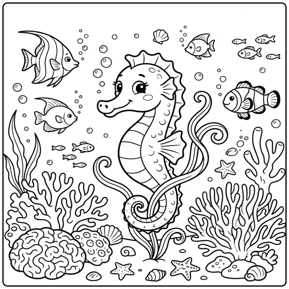Zeepaardje aan zeegras leuke kleurplaat vis voor kinderen