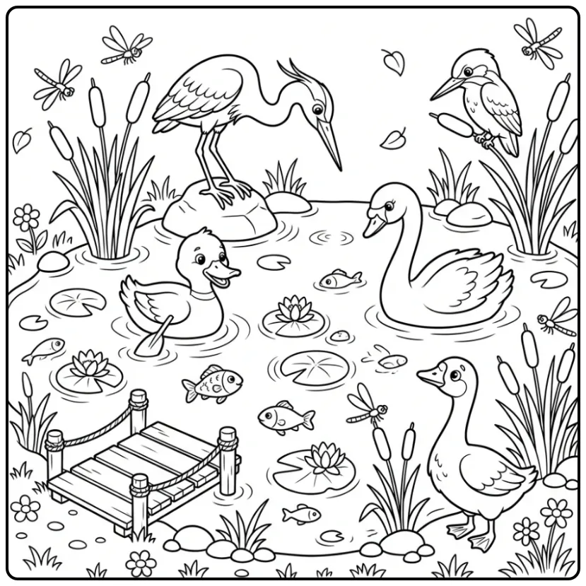Leuke kleurplaat vogel bij een vijver met eenden en zwanen.