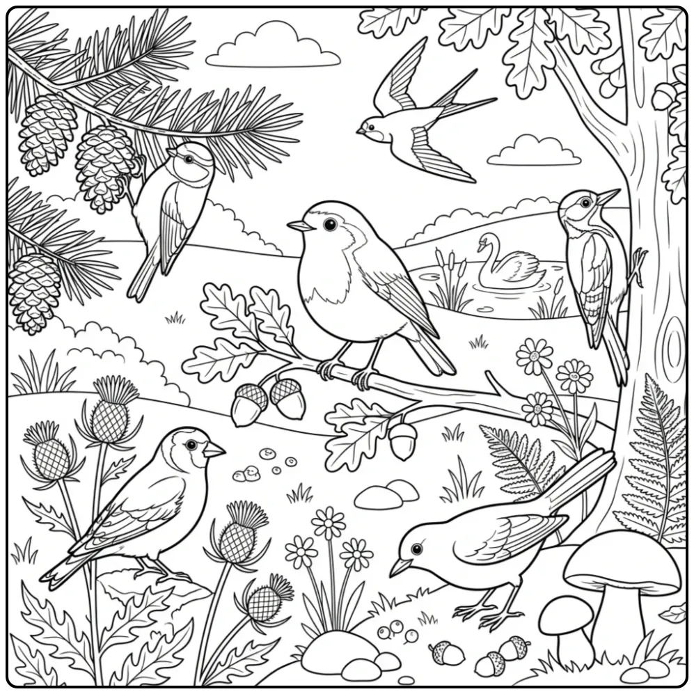 Leuke kleurplaat vogel met roodborstje en meesje.