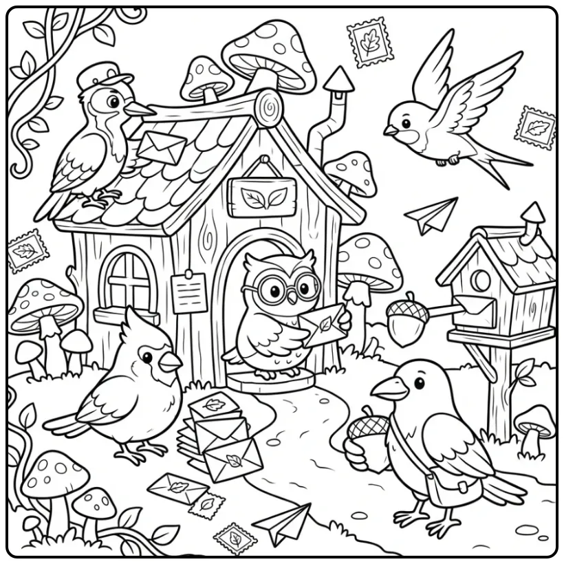 Schattige kleurplaat vogel met uil en specht postbodes