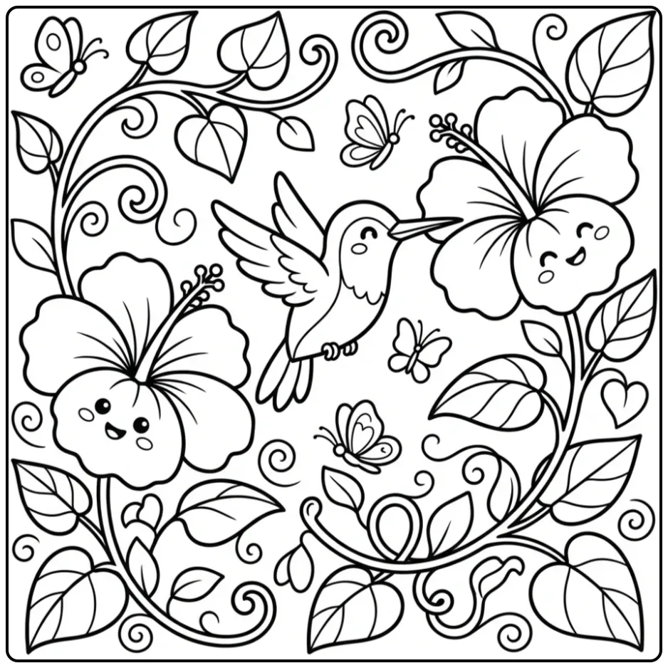 Mooie kleurplaat vogels en bloemen met een kolibrie.