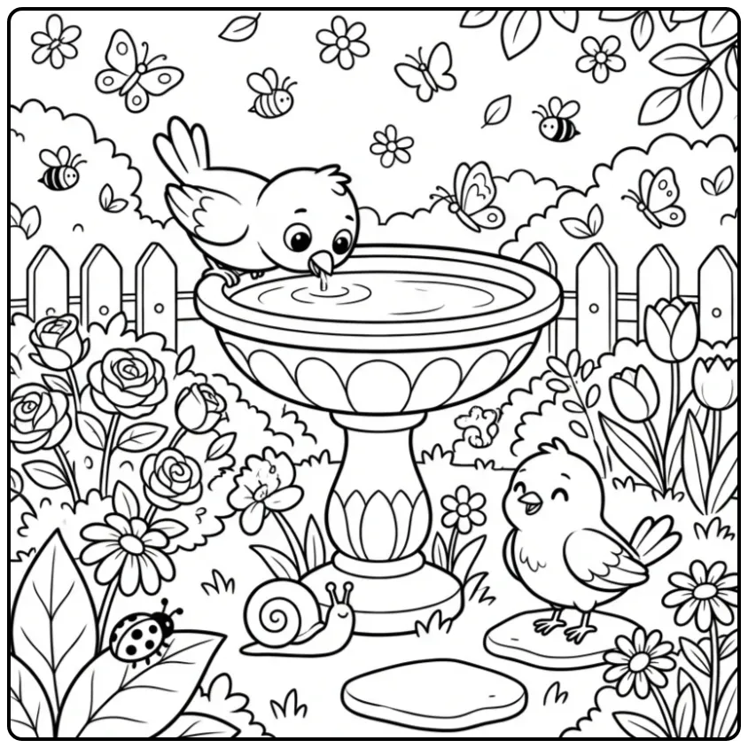 Leuke kleurplaat vogels in de tuin bij een vogelbadje.