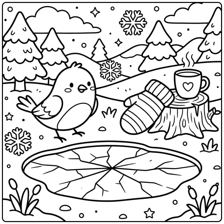 Schattige kleurplaat vogels in de winter bij een bevroren plas