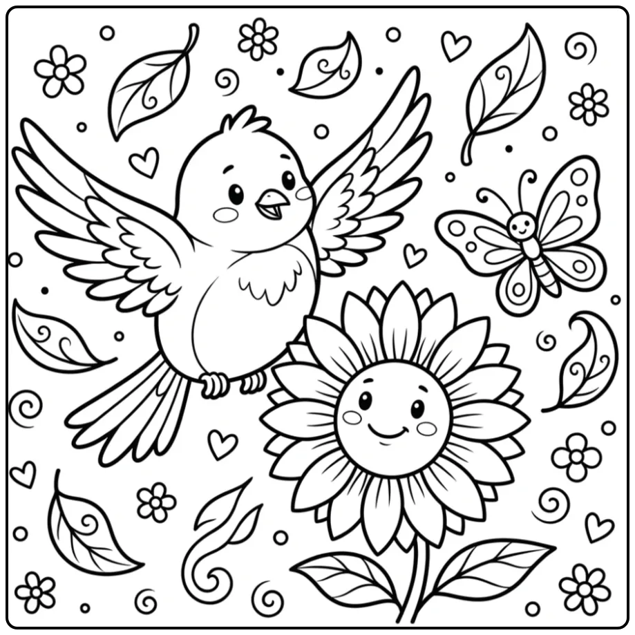 Schattige kleurplaat vogeltjes vliegend bij zonnebloem