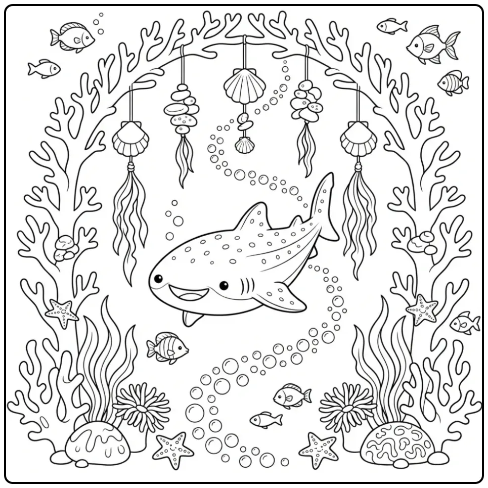 Schattige kleurplaat walvishaai zwemt door een koraalpoort.