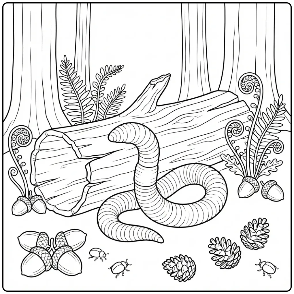 Leuke kleurplaat worm tussen eikels en varens in het bos.