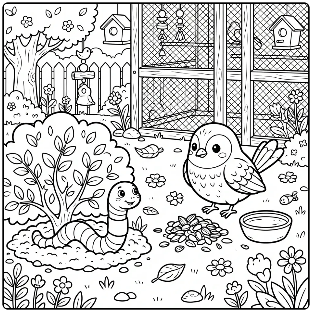 Leuke kleurplaat worm onder een struikje bij een vogel.