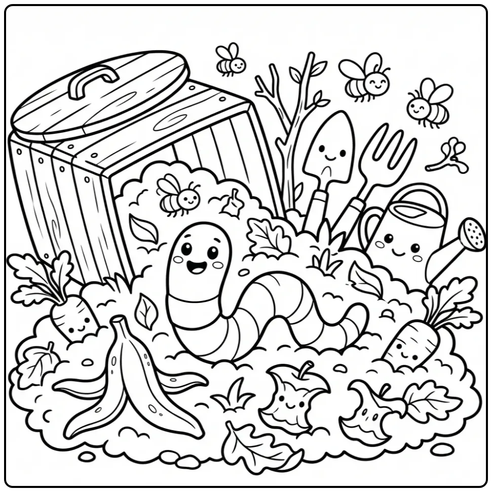 Schattige kleurplaat worm tussen de groenteresten in de tuin.