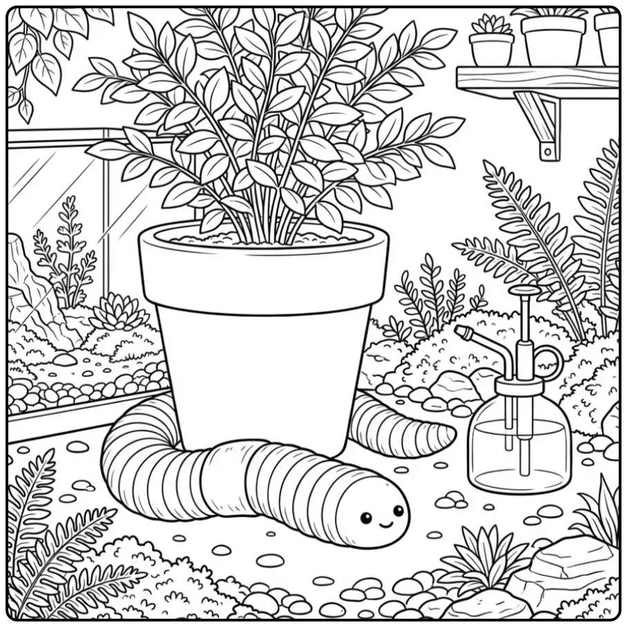 Schattige kleurplaat worm onder een plantenpot met bladeren.