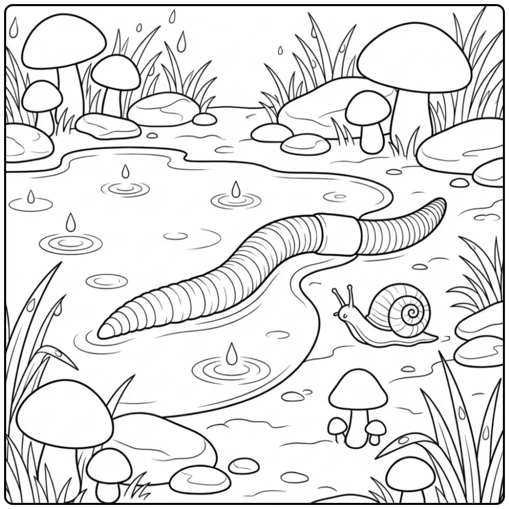 Een schattige kleurplaat worm strekt zich uit bij een plas.