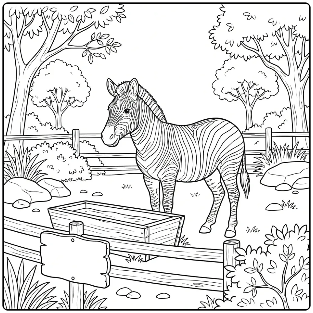 Schattige kleurplaat zebra bij een drinkbak en houten hek.