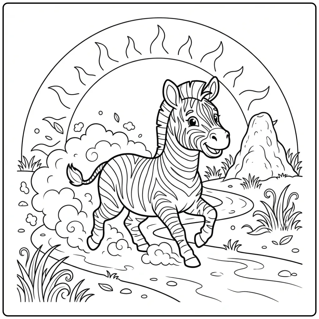 Een schattige kleurplaat zebra die draaft op een stoffig pad.