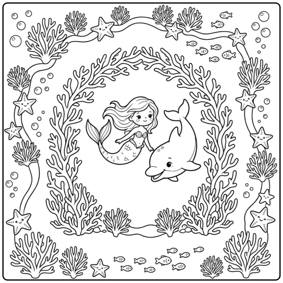 Schattige kleurplaat zeemeermin met dolfijn bij koraal.