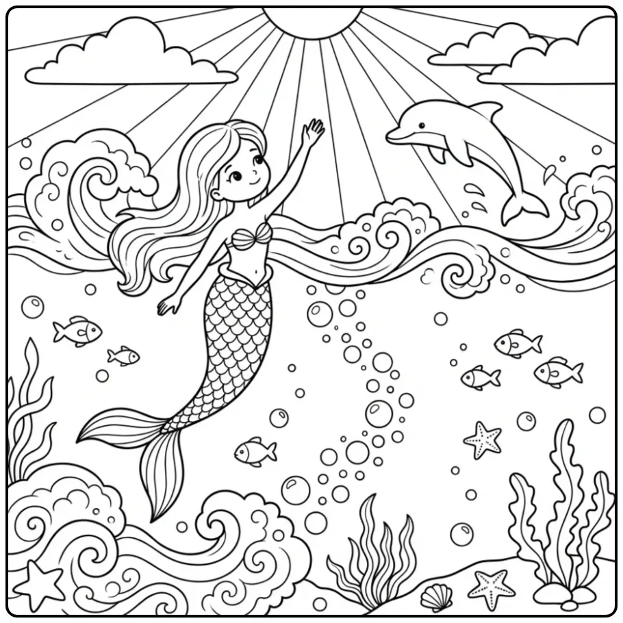 Leuke kleurplaat zeemeermin met dolfijn in de golven.
