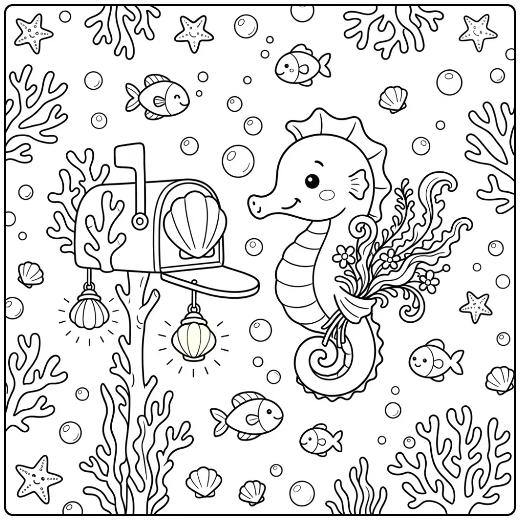 Schattige kleurplaat zeepaardje met een boeket zeewier.