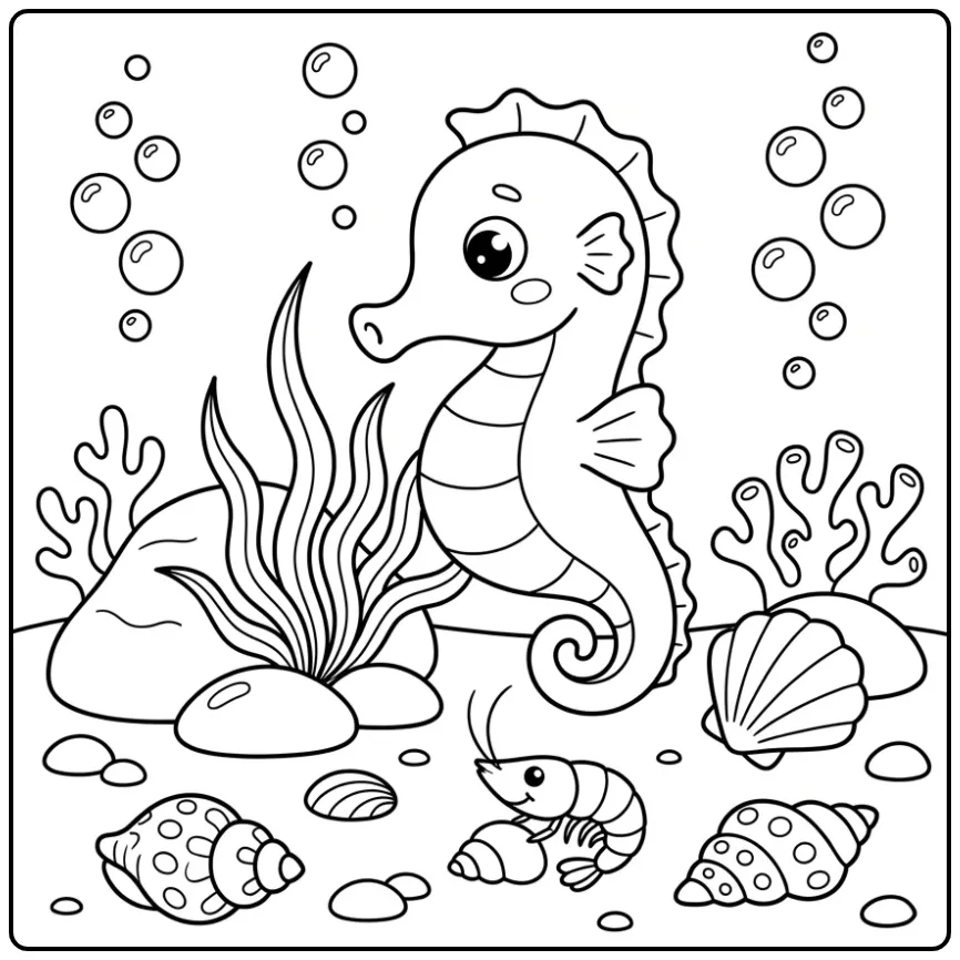 Schattige kleurplaat zeepaardje met schelpen en bellen