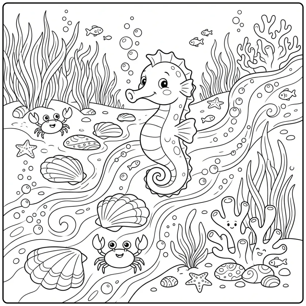 Schattige kleurplaat zeepaardje tussen zeegras en schelpen.