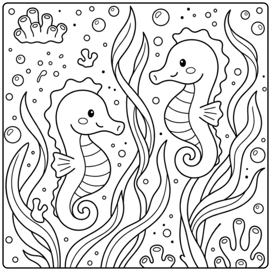 Leuke kleurplaat zeepaardje zwemmend tussen lintvormig wier